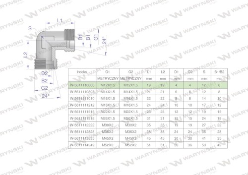 Kolanko hydrauliczne metryczne BB M12x1.5 06L (XW) Waryński ( sprzedawane po 5 )-27135