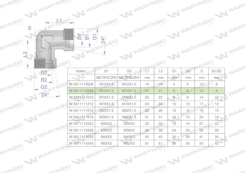 Kolanko hydrauliczne metryczne BB M14x1.5 08L (XW) Waryński ( sprzedawane po 5 )-27141