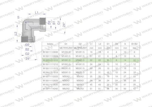 Kolanko hydrauliczne metryczne BB M16x1.5 10L (XW) Waryński ( sprzedawane po 5 )-27147