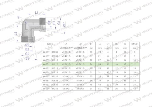 Kolanko hydrauliczne metryczne BB M18x1.5 12L (XW) Waryński ( sprzedawane po 5 )-27129