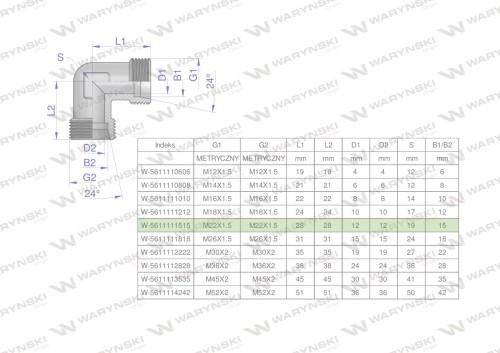 Kolanko hydrauliczne metryczne BB M22x1.5 15L (XW) Waryński ( sprzedawane po 5 )-27123