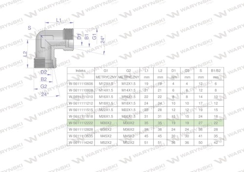Kolanko hydrauliczne metryczne BB M30x2 22L (XW) Waryński-27159