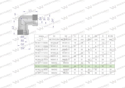 Kolanko hydrauliczne metryczne BB M36x2 28L (XW) Waryński-27165