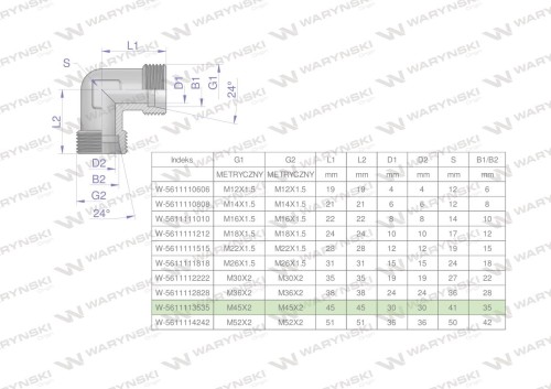 Kolanko hydrauliczne metryczne BB M45x2 35L (XW) Waryński-27171