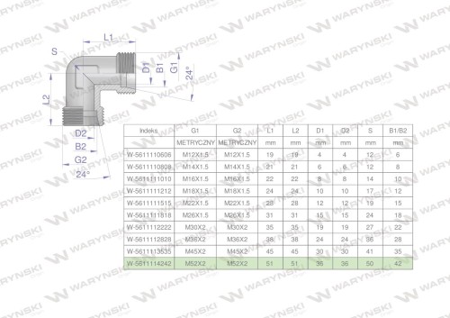 Kolanko hydrauliczne metryczne BB M52x2 42L (XW) Waryński-27177