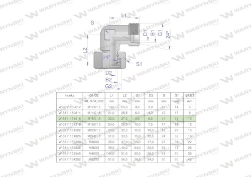 Kolanko hydrauliczne metryczne AB M16x1.5 10L (XEVW) Waryński ( sprzedawane po 5 )-25945