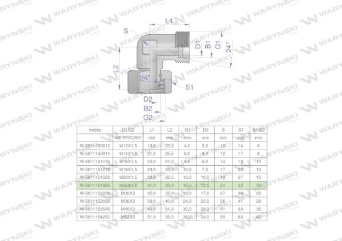 Kolanko hydrauliczne metryczne AB M26x1.5 18L (XEVW) Waryński-25909