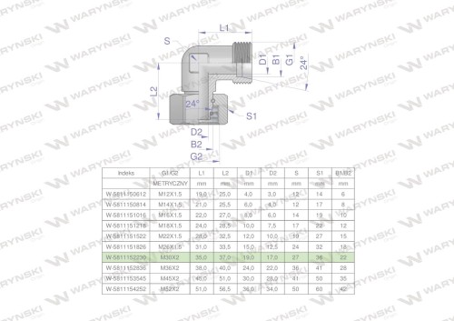 Kolanko hydrauliczne metryczne AB M30x2 22L (XEVW) Waryński-25915