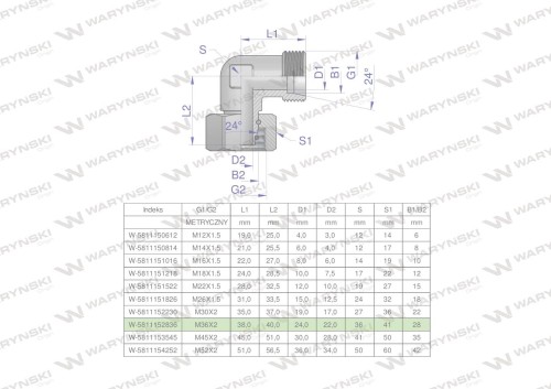 Kolanko hydrauliczne metryczne AB M36x2 28L (XEVW) Waryński-25921