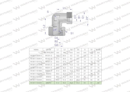 Kolanko hydrauliczne metryczne AB M52x2 42L (XEVW) Waryński-25933