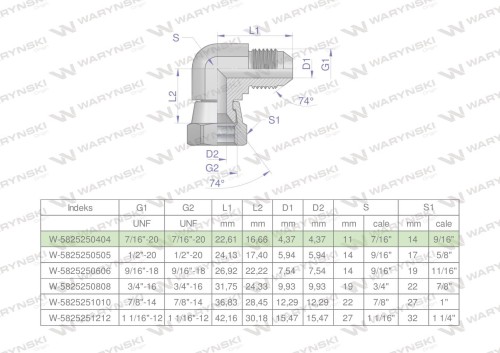 Kolanko hydrauliczne calowe AB 7/16" UNF (JIC) Waryński-25951