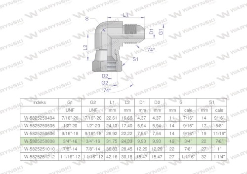 Kolanko hydrauliczne calowe AB 3/4" UNF (JIC) Waryński-25969