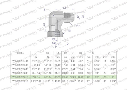 Kolanko hydrauliczne calowe AB 7/8" UNF (JIC) Waryński-25975