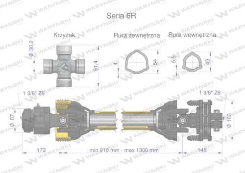 Wał przegubowo-teleskopowy 910-1300mm 830Nm sprzęgło cierne 1200Nm z drugiej stron sprzęgło jednokierunkowe CE 2020 seria 6R Waryński-40501
