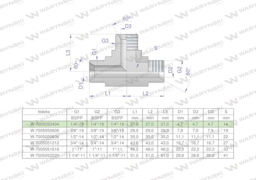 Trójnik hydrauliczny calowy BBB 1/4" BSP (XT) Waryński-26987