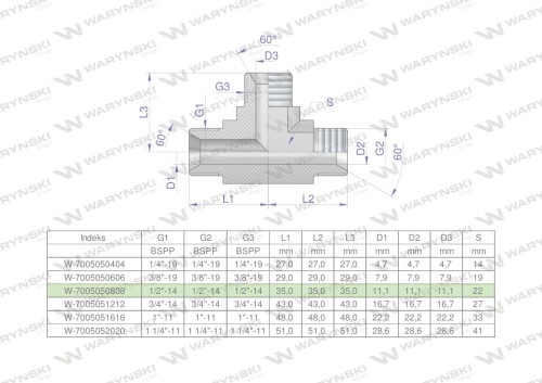 Trójnik hydrauliczny calowy BBB 1/2" BSP (XT) Waryński-26999