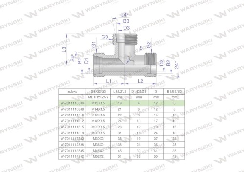 Trójnik hydrauliczny metryczny BBB M12x1.5 06L (XT) Waryński ( sprzedawane po 2 )-27034