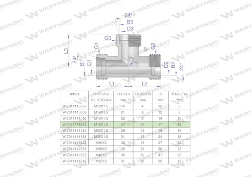 Trójnik hydrauliczny metryczny BBB M18x1.5 12L (XT) Waryński ( sprzedawane po 5 )-27028