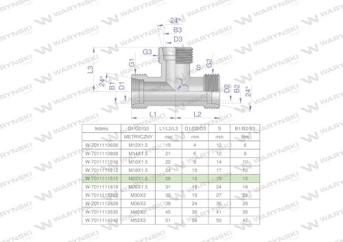Trójnik hydrauliczny metryczny BBB M22x1.5 15L (XT) Waryński ( sprzedawane po 5 )-27022
