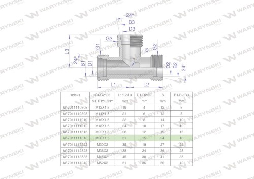 Trójnik hydrauliczny metryczny BBB M26x1.5 18L (XT) Waryński-27052