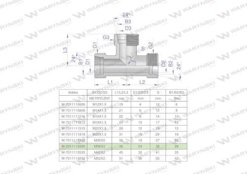 Trójnik hydrauliczny metryczny BBB M36x2 28L (XT) Waryński-27064