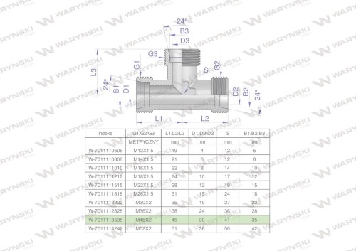 Trójnik hydrauliczny metryczny BBB M45x2 35L (XT) Waryński-27070