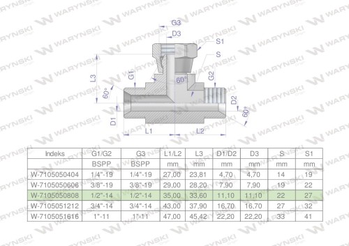 Trójnik hydrauliczny symetryczny calowy BAB 1/2" BSP (XEVT) Waryński-25767
