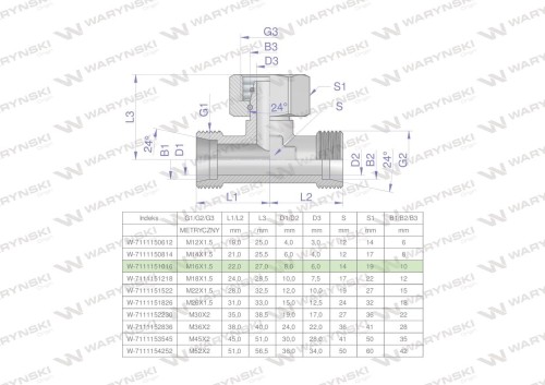 Trójnik hydrauliczny symetryczny metryczny BAB M16x1.5 10L (XEVT) Waryński ( sprzedawane po 5 )-25797