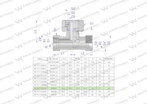 Trójnik hydrauliczny symetryczny metryczny BAB M36x2 28L (XEVT) Waryński-25815