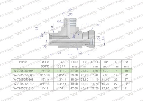 Trójnik hydrauliczny niesymetryczny calowy BBA 1/4" BSP (XEVL) Waryński-25665