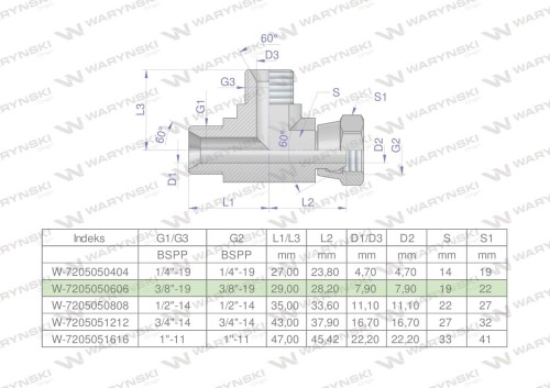 Trójnik hydrauliczny niesymetryczny calowy BBA 3/8" BSP (XEVL) Waryński-25671