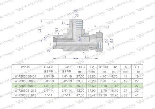 Trójnik hydrauliczny niesymetryczny calowy BBA 1/2" BSP (XEVL) Waryński-25677