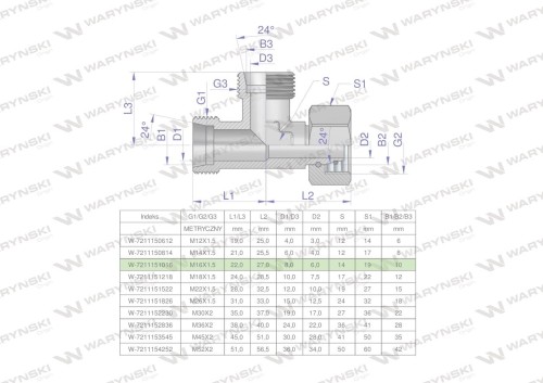 Trójnik hydrauliczny niesymetryczny metryczny BBA M16x1.5 10L (XEVL) Waryński ( sprzedawane po 2 )-25707