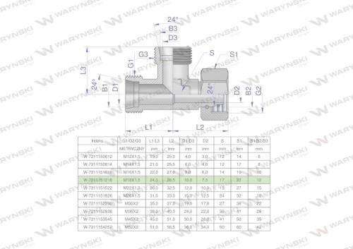Trójnik hydrauliczny niesymetryczny metryczny BBA M18x1.5 12L (XEVL) Waryński ( sprzedawane po 5 )-25749