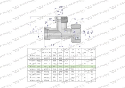 Trójnik hydrauliczny niesymetryczny metryczny BBA M22x1.5 15L (XEVL) Waryński ( sprzedawane po 5 )-25743
