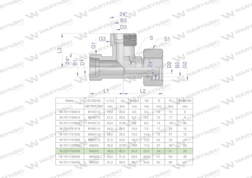 Trójnik hydrauliczny niesymetryczny metryczny BBA M36x2 28L (XEVL) Waryński-25725