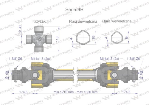 Wał przegubowo-teleskopowy 1210-1650mm 1890Nm skręcany na dwie śruby z obu stron CE 2020 seria 9R Waryński-31349