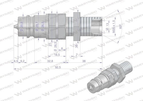 Szybkozłącze hydrauliczne wtyczka long z eliminatorem ciśnienia M20x1.5 gwint zewnętrzny EURO (ISO 7241-A) Waryński-21685