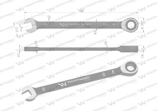 Klucz płasko-oczkowy 8 mm z grzechotką 72 zęby standard ASME B107-2010 Waryński-19951