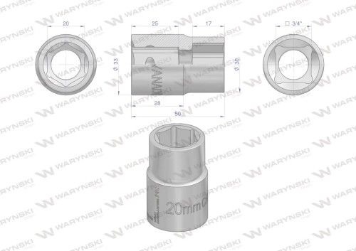 Nasadka sześciokątna 3/4". 20 mm. CrV50BV30. DIN 3124. Waryński-20325