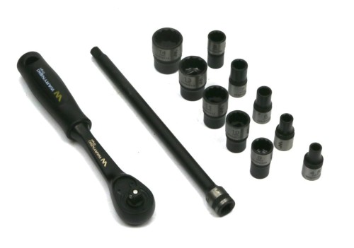 Zestaw 12 el. nasadki 1/4  przedłużka 12 cm grzechotka 4.5 5 6 7 8 9 10 11 13 14 Waryński-27952