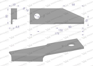 Nóż obrotowy rozdrabniacz słomy sieczkarnia podgęty 173x50x4.5mm otwór 18 zastosowanie 87031976 New Holland WARYŃSKI ( sprzedawane po 25 )