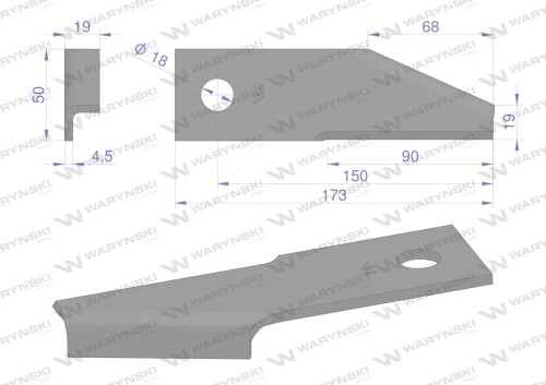 Nóż obrotowy rozdrabniacz słomy sieczkarnia podgięty 173x50x4.5mm otwór 18 zastosowanie 87031976 New Holland WARYŃSKI ( sprzedawane po 25 )-37709