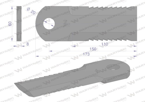 Nóż obrotowy rozdrabniacz słomy sieczkarnia uzębiony 173x60x8mm otwór 20 zastosowanie 270093250 Krone WARYŃSKI ( sprzedawane po 10 )-37743
