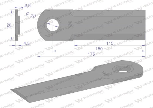 Nóż obrotowy sieczkarnia gładki 175x50x4.5mm otwór 20 z tuleją zastosowanie 1994760C4 Case WARYŃSKI ( sprzedawane po 25 )-37715