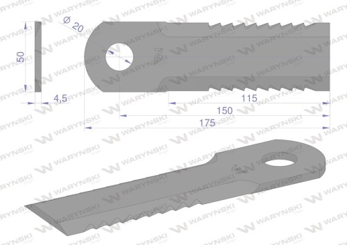Nóż obrotowy rozdrabniacz słomy sieczkarnia uzębiony 175x50x4.5mm otwór 20 zastosowanie Z75875 John Deere WARYŃSKI ( sprzedawane po 25 )-37753