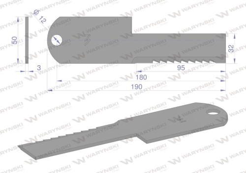 Nóż stały rozdrabniacz słomy sieczkarnia uzębiony 190x50x3mm otwór 12 zastosowanie Z55611 WARYŃSKI ( sprzedawane po 25 )-37735