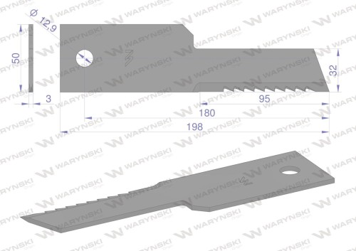 Nóż stały rozdrabniacz słomy sieczkarnia uzębiony 198x50x3mm otwór 13 zastosowanie 322291650 New Holland WARYŃSKI ( sprzedawane po 25 )-37717