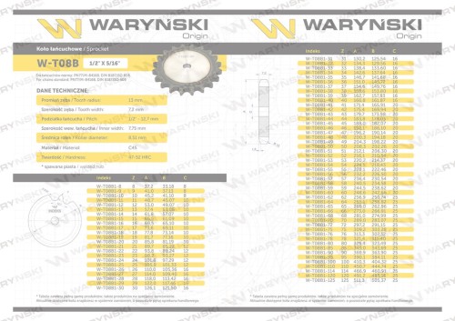 Koło zębate hartowane tarcza 08B-1 (R1 1/2) Z-27 Waryński-37348
