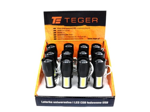 Latarka uniwersalna LED COB 200 lm ładowana USB sprzedawana po 12 szt w kartoniku ekspozycyjnym Teger-36310